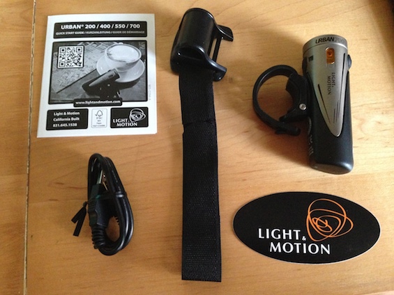 Everything you need: manual, charging cable, helmet mount, light and a sticker.