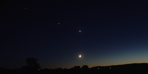 The moon, Venus and Jupiter just after sunset.  This was the view as we climbed our way out of the woods.